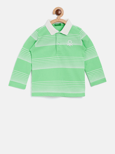 

United Colors of Benetton Boys Green & White Striped Polo Collar T-shirt