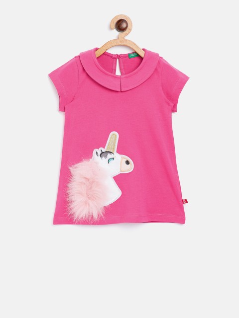 

United Colors of Benetton Girls Pink Solid A-Line Dress with Unicorn Applique Detail