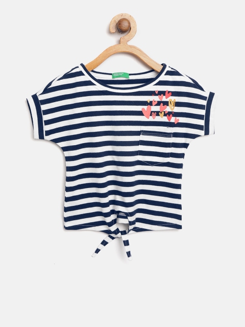 

United Colors of Benetton Girls Navy & White Striped Pure Cotton Top, Navy blue