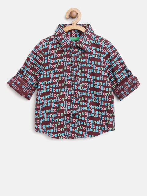 Boys Burgundy & Green Regular Fit Printed Casual Shirt