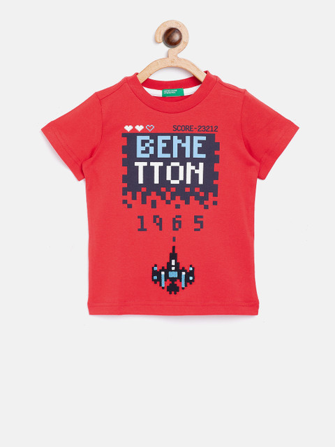 

United Colors of Benetton Boys Red Printed Round Neck Pure Cotton T-shirt