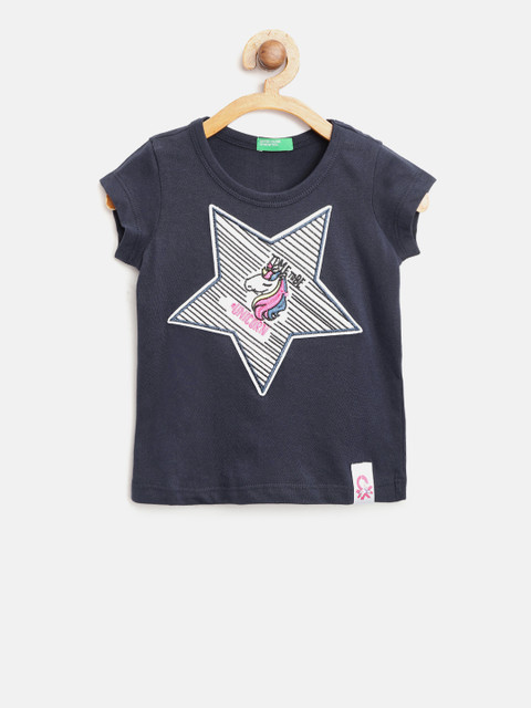 

United Colors of Benetton Girls Navy Blue Applique Round Neck T-shirt