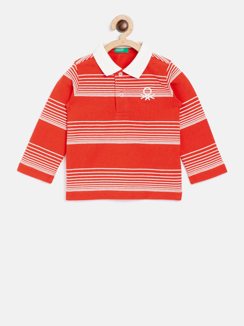 

United Colors of Benetton Boys Red Off-White Striped Polo Collar Pure Cotton T-shirt
