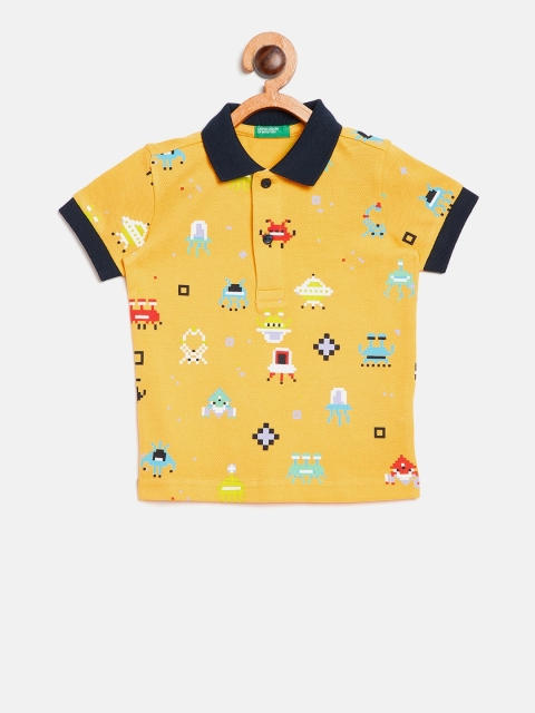 

United Colors of Benetton Boys Yellow & Blue Printed Polo Collar T-shirt