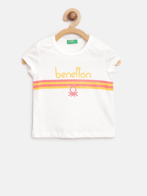

United Colors of Benetton Girls White & Orange Striped Detail Round Neck T-shirt
