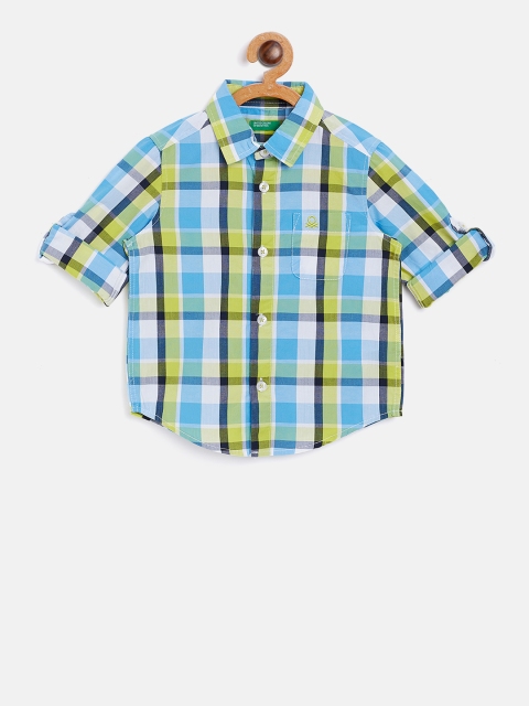

United Colors of Benetton Boys Lime Green & Blue Regular Fit Checked Casual Shirt