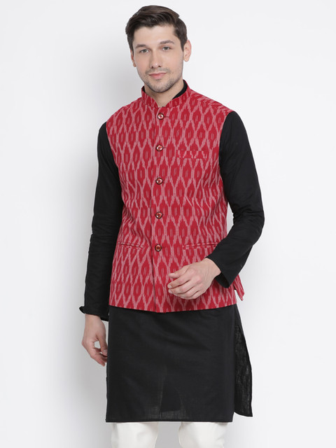 

VASTRAMAY Men Maroon Woven Design Pure Cotton Nehru Jacket