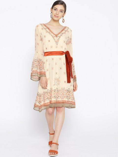 

NIZA Women Beige & Rust Orange Printed A-Line Dress