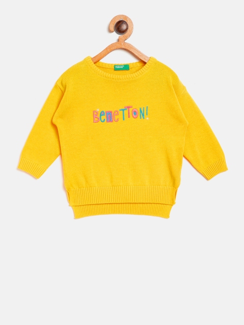 

United Colors of Benetton Girls Yellow Solid Sweater with Embroidered Detail