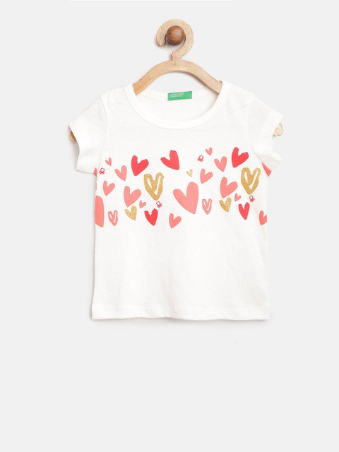 

United Colors of Benetton Girls White & Pink Printed Round Neck T-shirt