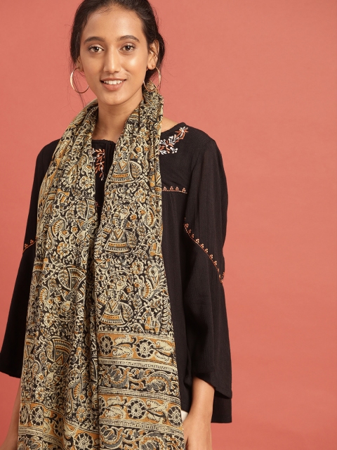 

Taavi Women Kalamkari Hand Block Printed Dupatta, Beige