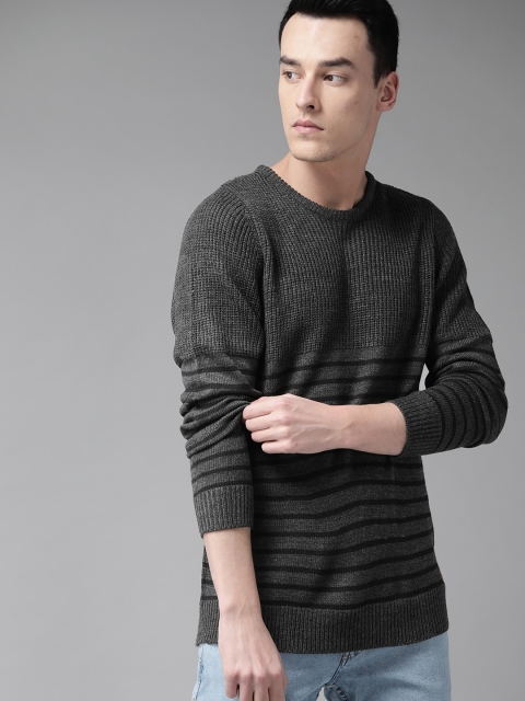 

Roadster Men Charcoal Grey & Black Striped Sweater