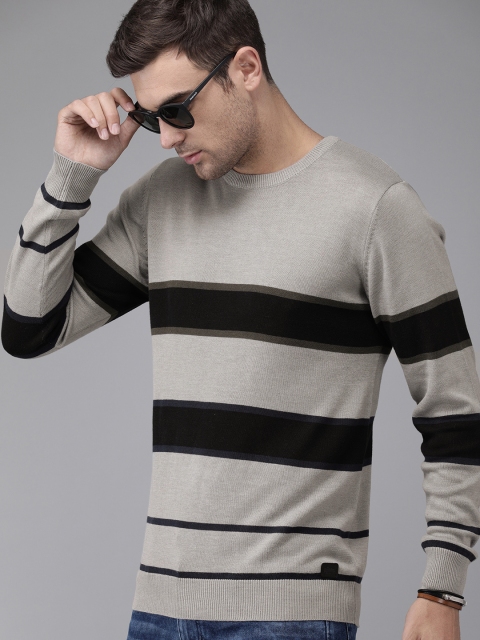 

Roadster Men Grey & Black Striped Pullover Sweater