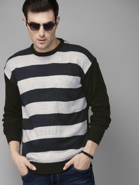 

Roadster Men Grey Melange & Navy Blue Striped Acrylic Pullover Sweater