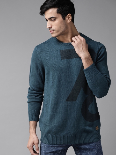 

Roadster Men Navy Blue & Black Self Design Pullover