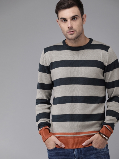 

Roadster Men Grey & Navyblue Striped Pullover Sweater