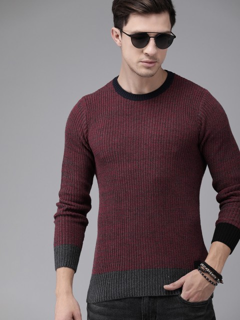 

Roadster Men Red Self Design Pullover Sweater