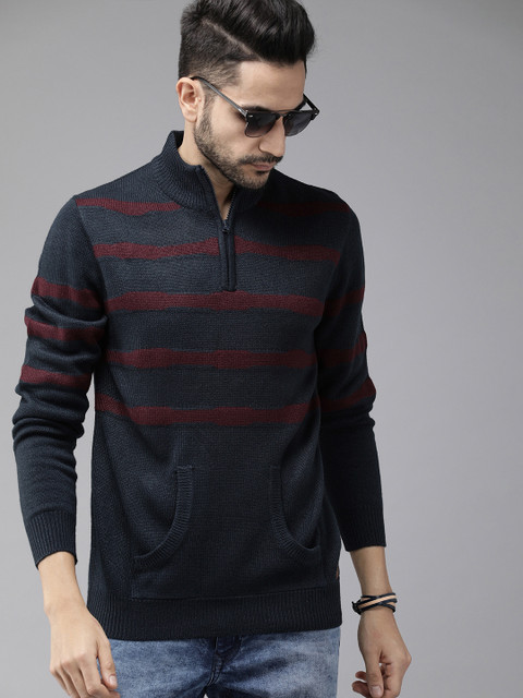 

Roadster Men Navy Blue & Maroon Striped Pullover Sweater