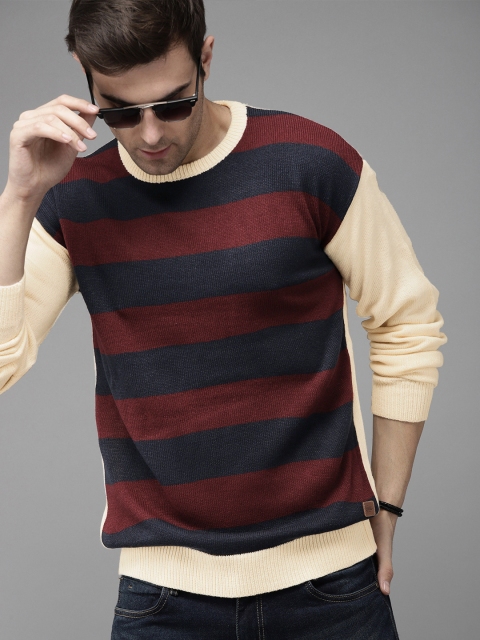 

Roadster Men Maroon & Navy Blue Striped Pullover Sweater