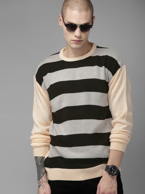 

Roadster Men Grey Melange & Black Striped Acrylic Pullover Sweater