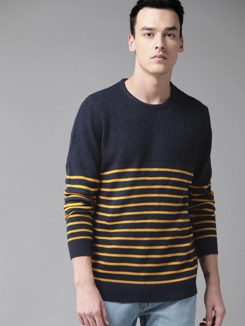 

Roadster Men Navy Blue & Mustard Yellow Striped Sweater