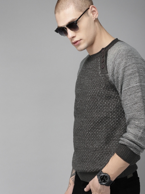 

Roadster Men Charcoal Grey Self Design Pullover Sweater