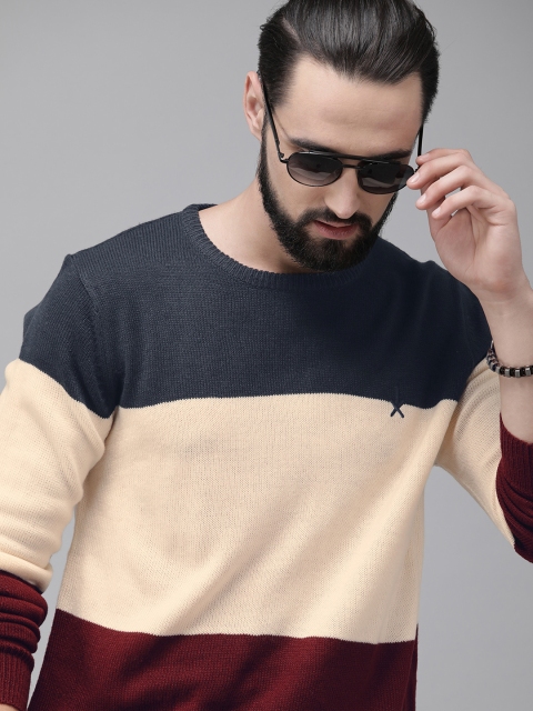 

Roadster Men Burgundy & Peach-Coloured Colourblocked Pullover Sweater
