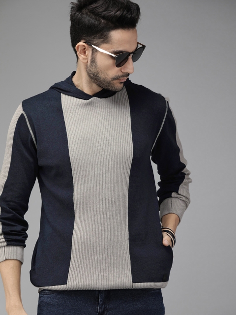 

Roadster Men Navy Blue & Grey Colourblocked Pullover Sweater