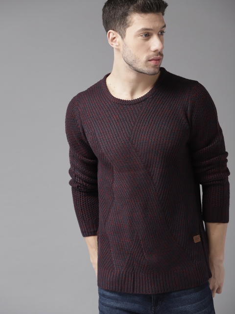 

Roadster Men Navy Blue & Maroon Ribbed Sweater