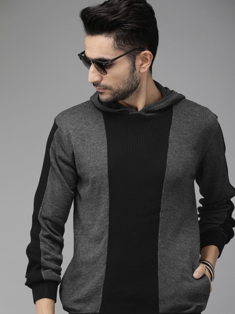 

Roadster Men Grey & Black Colourblocked Pullover Sweater
