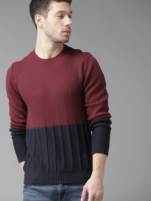 

Roadster Men Maroon & Navy Blue Colourblocked Sweater