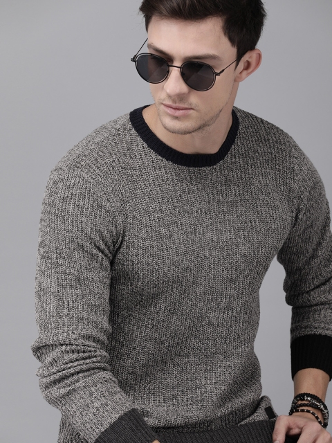 

Roadster Men Grey Self Design Pullover Sweater