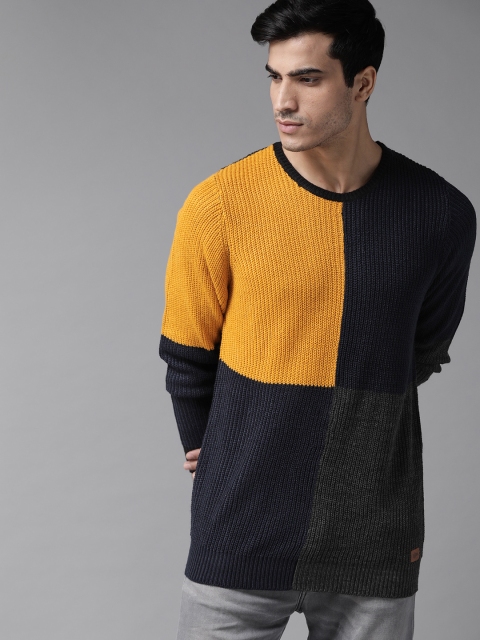 

Roadster Men Mustard Yellow & Navy Colourblocked Pullover