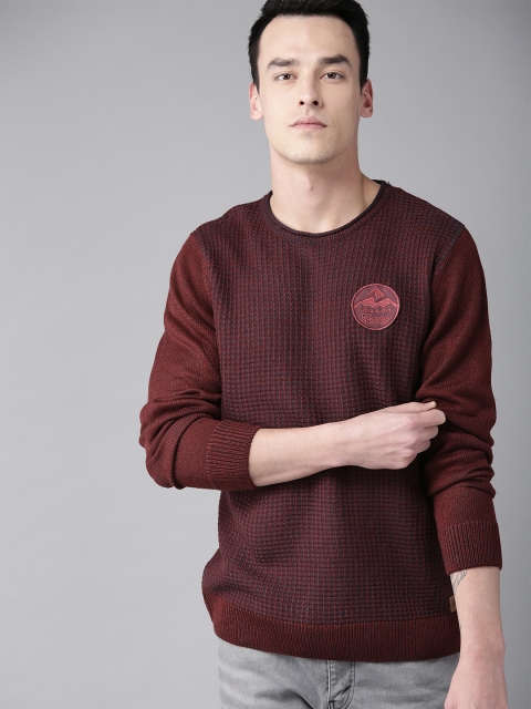

Roadster Men Burgundy Self Design Sweater with Badge