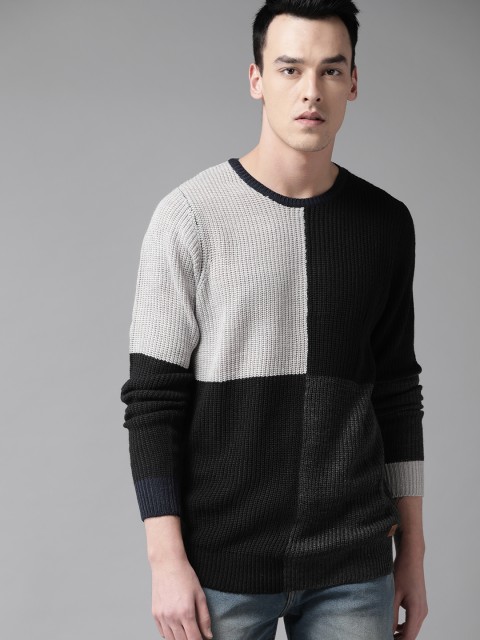 

Roadster Men Black & Grey Colourblocked Sweater