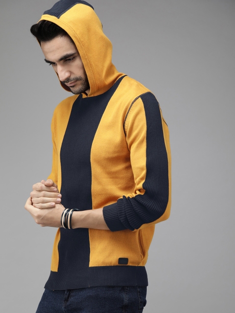 

The Roadster Lifestyle Co Men Mustard Yellow & Navy Blue Colourblocked Pullover Sweater