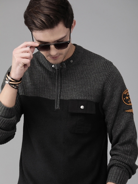 

Roadster Men Black & Grey Colourblocked Pullover Sweater With Applique Detailing