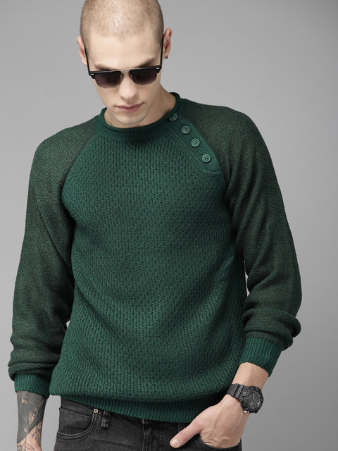 

Roadster Men Green Self Design Pullover Sweater