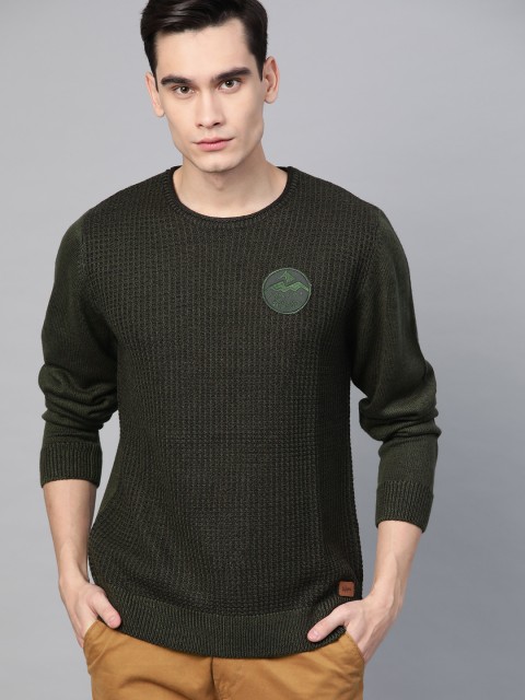

Roadster Men Olive Green Self Design Pullover Sweater