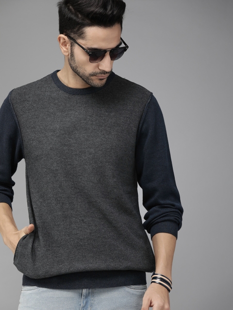 

Roadster Men Charcoal Grey & Navy Blue Solid Pullover Sweater