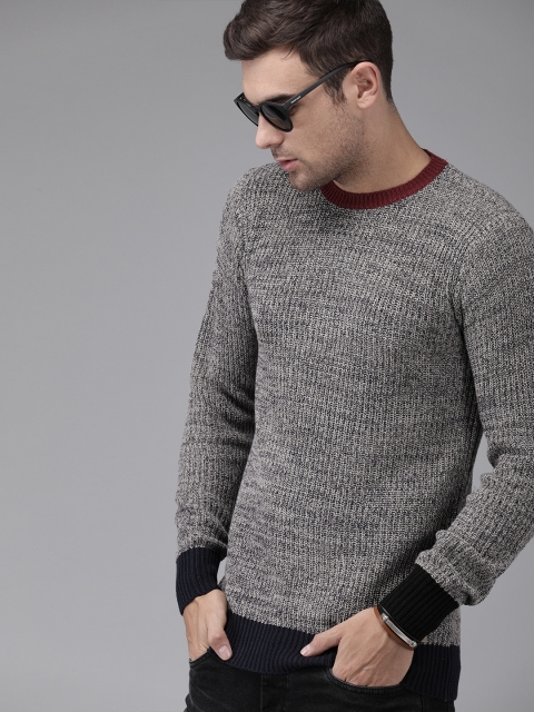 

The Roadster Lifestyle Co Men Grey Self Design Pullover Sweater