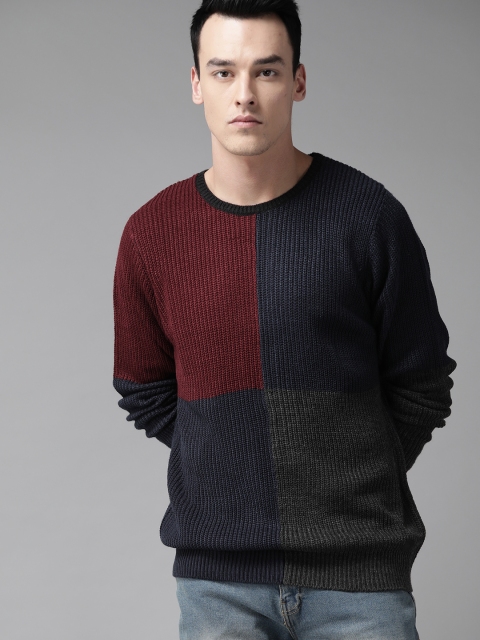 

Roadster Men Navy Blue & Maroon Colourblocked Sweater