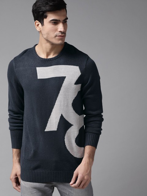 

Roadster Men Navy Blue & Grey Self Design Pullover