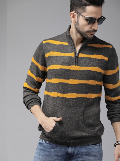 

Roadster Men Charcoal Grey & Mustard Yellow Striped Pullover Sweater