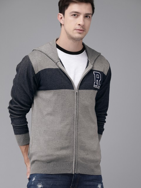 

Roadster Men Grey & Navy Blue Colourblocked Front-Open Sweater
