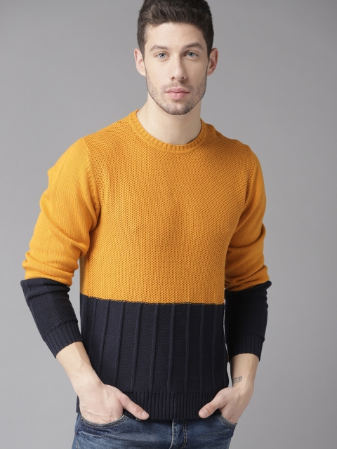 

Roadster Men Mustard Yellow & Navy Blue Colourblocked Sweater