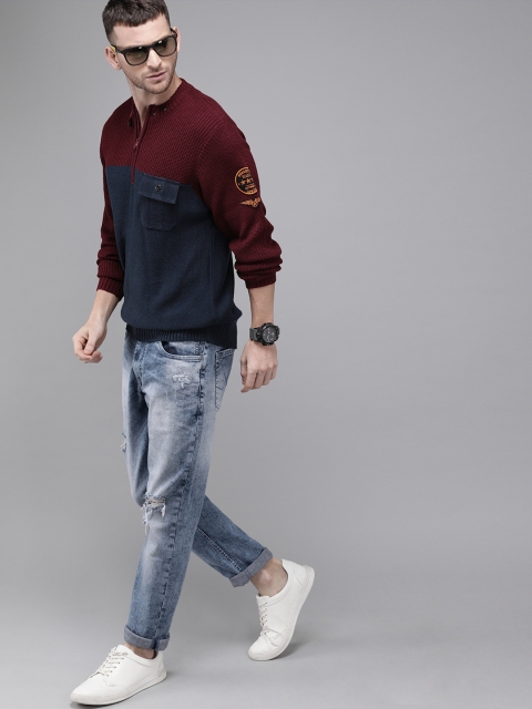 

Roadster Men Navy Blue & Maroon Colourblocked Pullover Sweater
