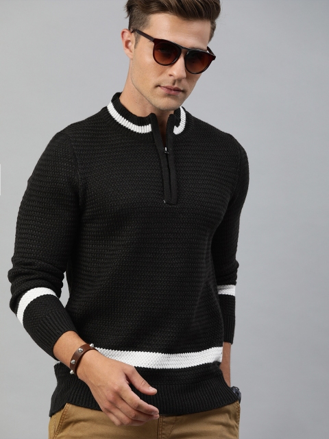 

Roadster Men Black Solid Sweater With Striped Detailing