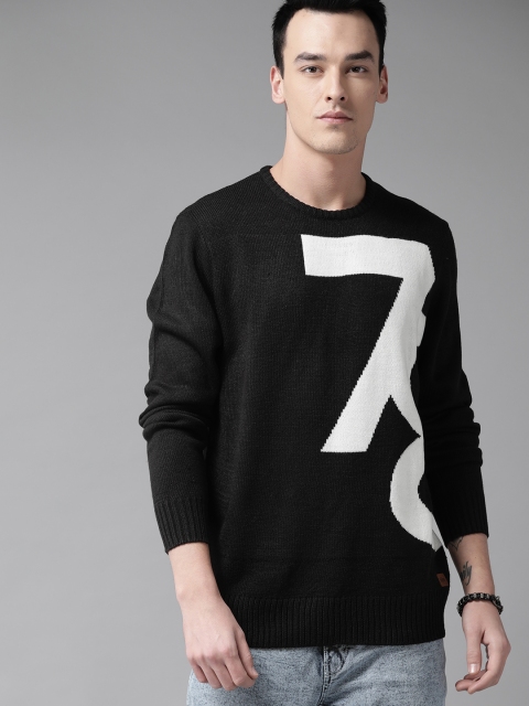 

Roadster Men Black & White Self Design Sweater