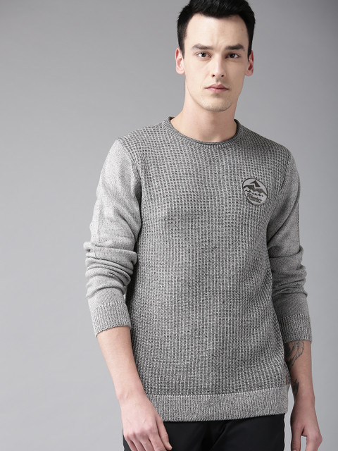

Roadster Men Grey Melange Self-Design Sweater